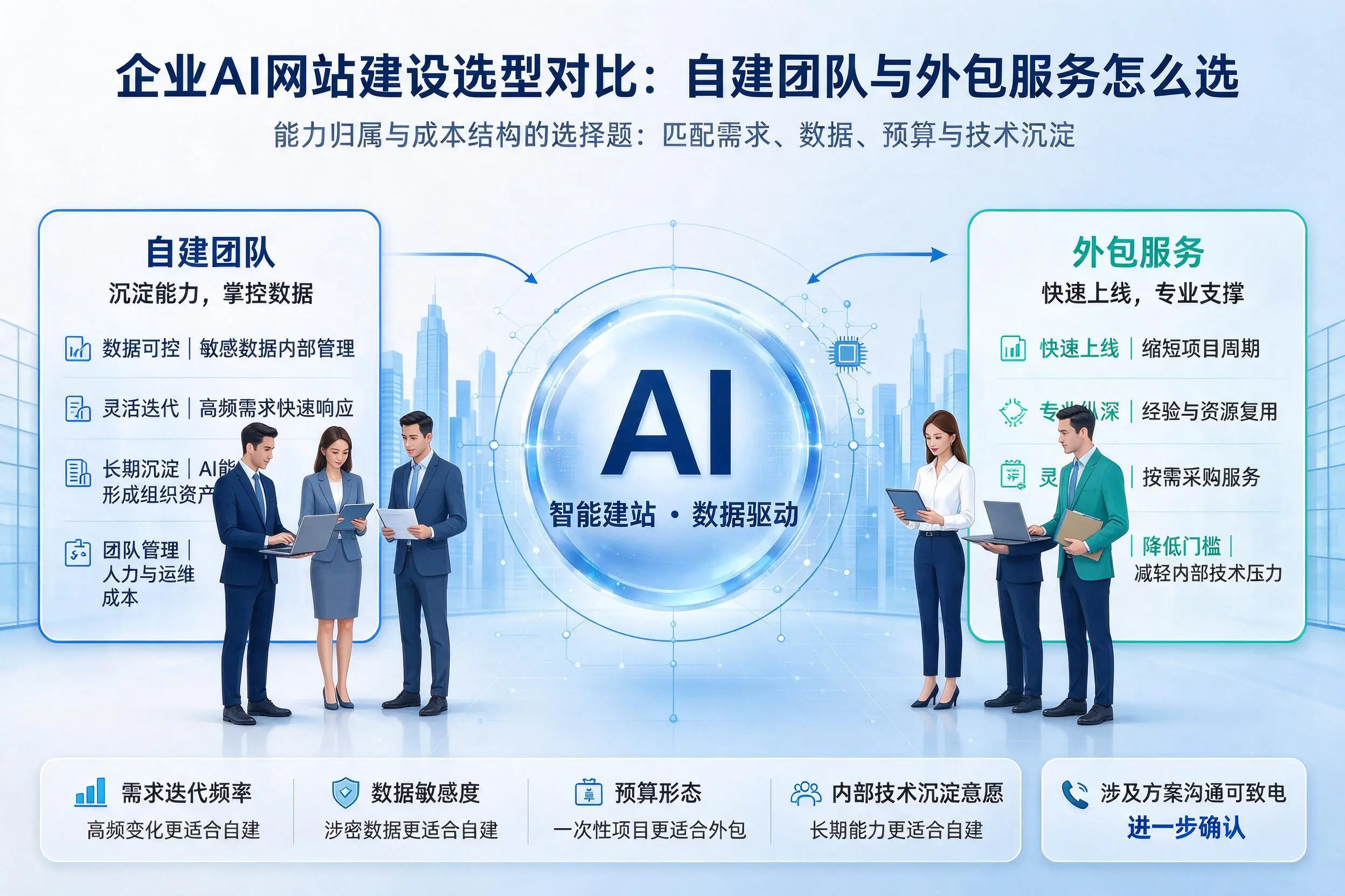 天门企业AI网站建设选型对比:自建团队与外包服务怎么选